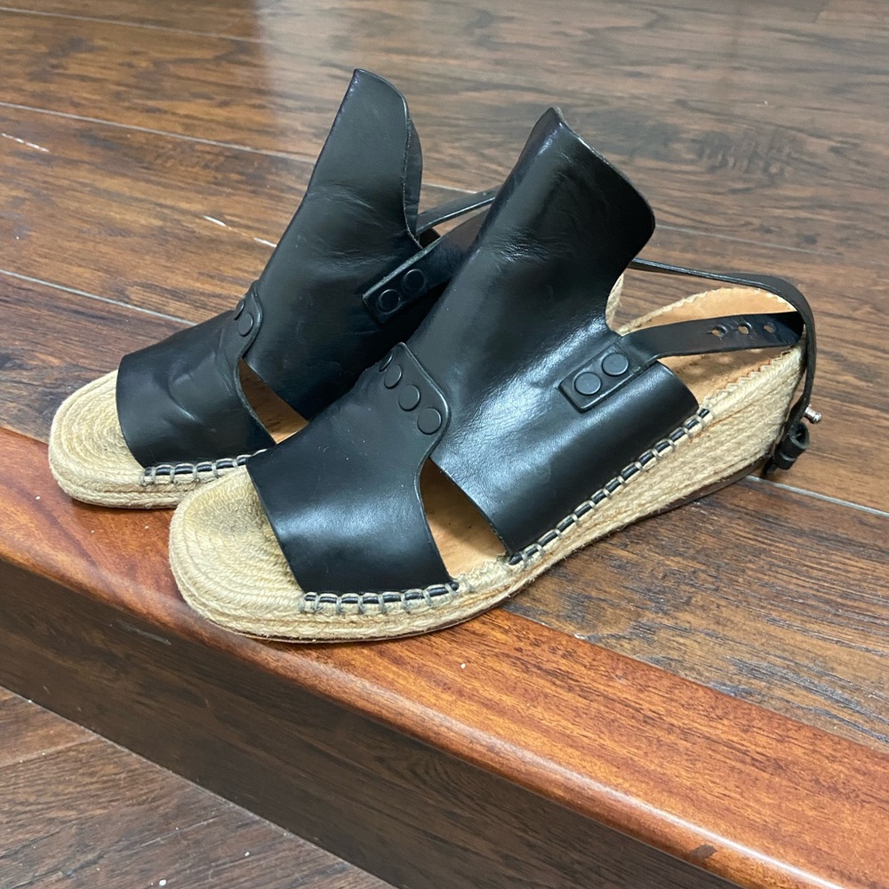 Rag and Bone Sayre II Black Leather Espadrille Wedge Sandals